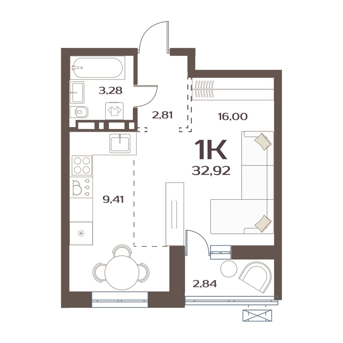 ЖК Меридианы Улисса, 1-комн кв 32,92 м2, за 5 743 000 ₽, 5 этаж